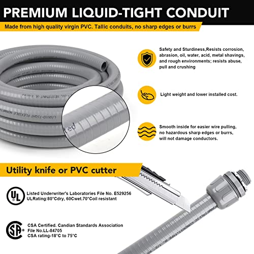 3/4inch 100ft Liquid-Tight Conduit and Connector Kit,Flexible Non Metallic Liquid Tight Electrical Conduit Kit with 5* Straight and 3 * 90-Degree Connector Fittings,3/4 in. Dia - size: 3/4inch 100ft