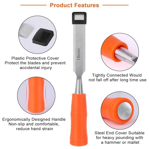 5 Piece Wood Chisel Sets Woodworking Tools Set, Wood Chisels for Woodworking with Steel Hammer End, Wood Tools Chisel Set Woodworking with Ergonomic Plastic Handle, 6mm, 12mm, 18mm, 24mm, 32mm - size: 5 Pack