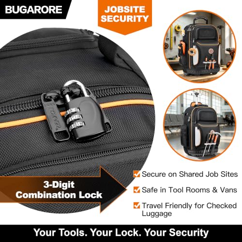 16" Rolling Tool Backpack with Wheels, 75 Pockets Electrician Tool Bag for Construction HVAC, 1680D Waterproof, Molded Base & Combination Lock - color: Black