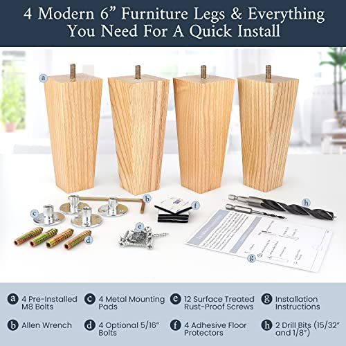 Airy Abode Premium Ash Wood Square Furniture Legs (Full Install Kit) - Pick Your Size and Color - color: Natural Ash Wood, size: 6 Inches