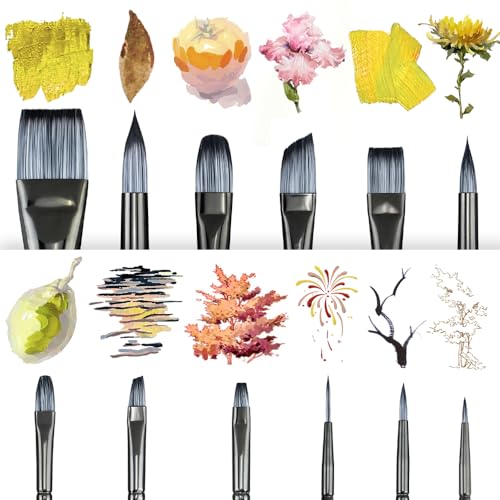 Transon Artist Paint Brush Set of 12 for Watercolor Acrylic Gouache Oil and Tempera Painting - size: Grey 12PCS