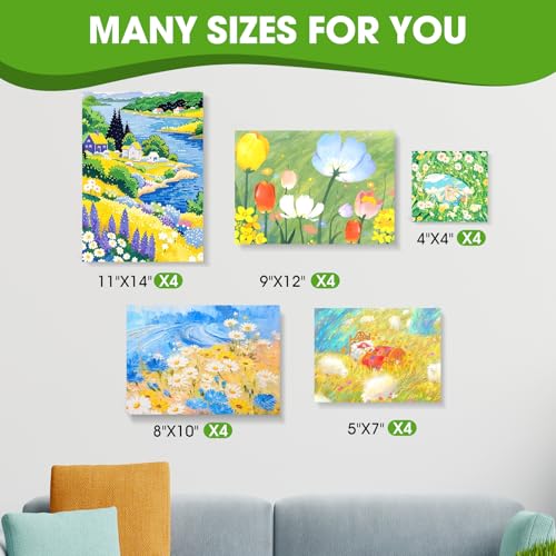 Stretched Canvas for Painting, Multi Size 11x14, 9x12, 8x10, 5x7, 4x4(4 of Each), 20 Packs Primed Blank Canvases, Very Good for Beginners or Professionals. - size: Multisize-20Pack