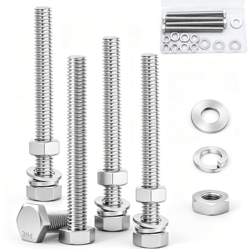 4 Sets 3/8-16 x 5 Stainless Steel Hex Head Screws Bolts, Nuts, Flat & Lock Washers,18-8(304) Full Thread - color: Silver, size: 3/8-16 × 5"（4 Sets）