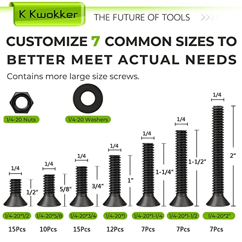 1/4 20 Bolt and Nuts, with Washers for Screws, Hex Socket Flat Head 7 Sizes are 2", 1-1/2", 1-1/4", 1", 3/4", 5/8", 1/2", 10.9 Grade Alloy Steel, Black, Full Machine UNC Thread - size: B. 1/4-20