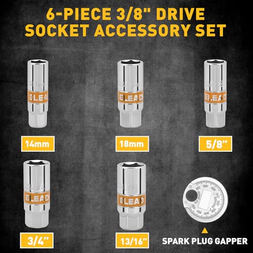 ELEAD 6-Piece 3/8" Drive Spark Plug Socket Set with Spark Plug Gapper, SAE & Metric, 5/8", 3/4", 13/16", 14mm, 18mm, CR-V Sockets with Rubber Holding Rings - size: 6-Piece Spark Plug Socket Set