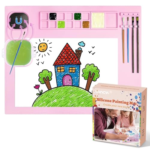 Silicone Painting Mat, Art Mat with Cup, Craft Paint Brush Cleaner Tool - color: Pink
