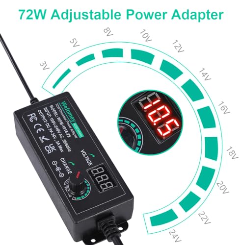 Universal Power Supply 3V~24V 3A 72W Adjustable Variable 3V 5V 6V 9V 12V 15V 18V 20V 24V AC/DC Adapter Charger, 100V-240V AC to DC Converter with 14 Tips and Polarity Converter - style: 3~24V3A 72W