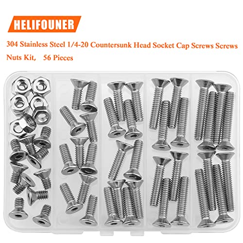 HELIFOUNER 56 Pieces 1/4-20 x 1/2" 3/4" 1" 1-1/4" 1-1/2", Countersunk Head Socket Cap Screws Bolts Nuts Kit, Coarse Thread, Fully Machine Threaded, 304 Stainless Steel - size: 1/4-20, style: Countersunk Head