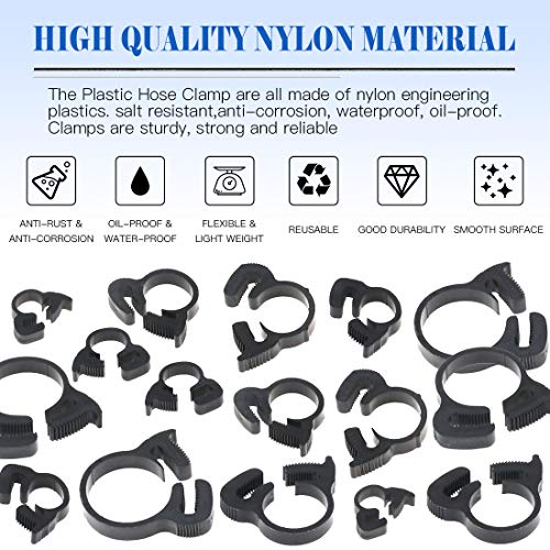 Glarks 70Pcs 8 Size Heavy Duty Black Double Gripping Nylon Hose Clamps Set, 6.6-27.2mm Plastic Snap Ratcheting Clamps Assortment Kit (Black 70Pcs)