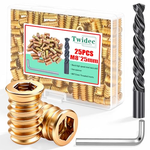 Twidec/25PCS M8-1.25 Threaded Inserts for Wood Furniture Screw-in Nut Wood Inserts Bolt Assortment Kit with M8 Hex Wrench and Drill Bit(M8X25mm) - size: M8x25mm