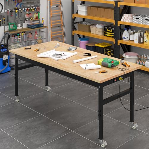 60" Adjustable Work Bench, Rubber Wood Top Workbench - size: 60 inches (with socket and wheels)