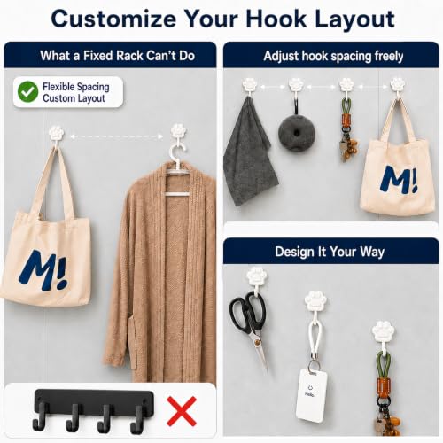 Cute Paw Self Adhesive Wall Hooks, Decorative Hooks for Walls No Damage 4lb | Small White Stick on Hooks for Keys, Dog Leashes, Towels and Bags, Ideal for Bathrooms, Kitchens, Entryways, Closets and RVs