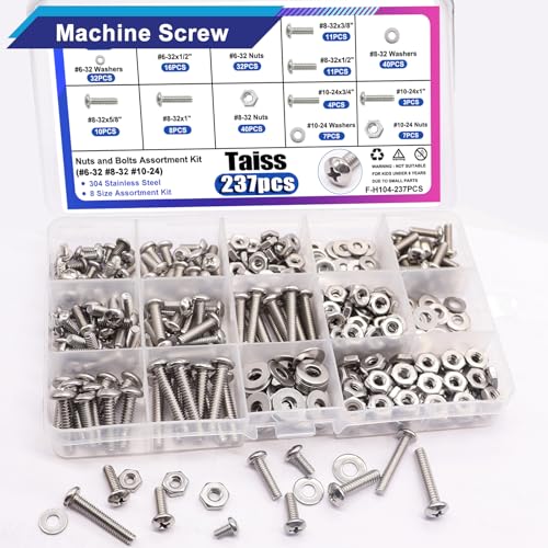 Taiss Machine Screws Nuts and Bolts Assortment Kit,304 Stainless Steel Bolts and Nuts Kit,#6-32#8-32#10-24 8 Sizes Phillips Pan Head Bolt and Nut & Washers,237PCS Machine Screw Assortment