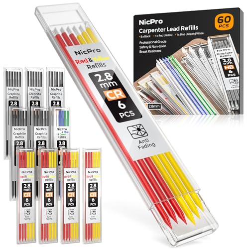 Nicpro Carpenter Pencil Lead Refills 2.8mm, 60 Pieces Colourful - color: Black and Color, size: 60 Piece