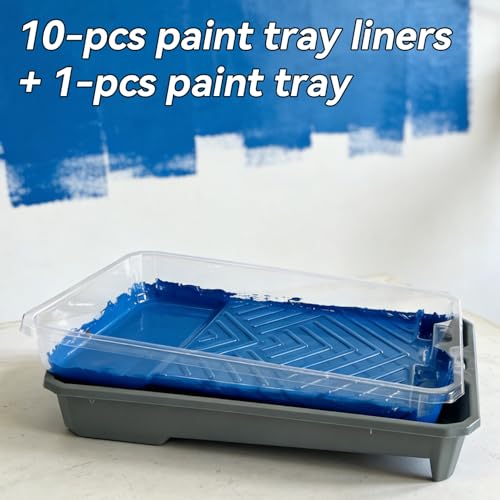12PCS Paint Tray Set, 1 x 9 Inch Paint Roller Tray, 10 x Disposable Tray Liners and 1 x Roller Frame for Painting Walls, Ceilings, Trim, Siding