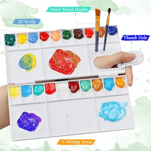 Watercolor Palette, Halobios Paint Palette with 20-Well and 5 Mixing Areas, Folding Paint Tray with Thumbhole and Paint Brush Holder, Plastic Painting Palette for Children Beginners Artists(1 Pack) - size: 1 Pack
