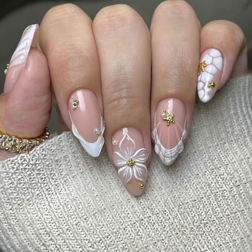 LPOODDNU 3D Almond Press on Nails - White French Tip Medium Fake Nails with Flower Pearl Star Designs, Glossy Finished Reusable False Nails with Adhesive Glue Tabs - 24Pcs Nail Kit for Women Manicure - color: 3d white flower