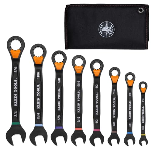 KLEIN TOOLS 69508 SAE Ratcheting Combination Wrench Set, 8-Piece, Slide-Lock 90-Tooth Ratchet, I-Beam Handle, Color-Coded Size Markings, Roll Pouch Storage - size: Slide Lock, SAE