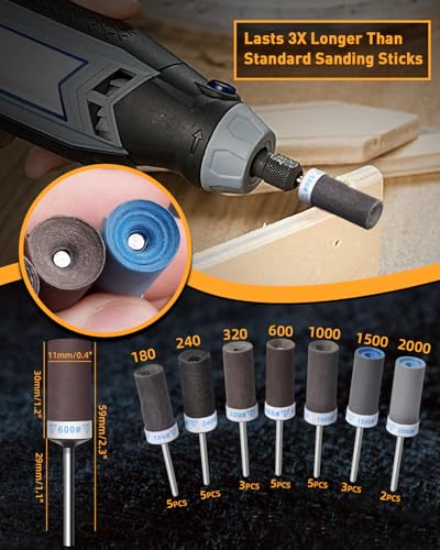 28Pcs Sanding Drums Sandpaper Sticks Set for Dremel Rotary Tool with 1/8" Shank, 180/240/320/600/1000/1500/2000 Grits Different Meet More Needs for Metal Rust Removal/Stone Grinding/Jade Polishing - size: 180-2000 Grit Mixed