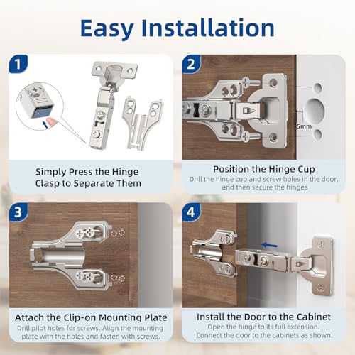 Chibery 4 Pack 1/4" Partial Overlay Soft Close Concealed Hinge for Face Frame ＆ Frameless Door, 3D Adjustment, Clip-on Plate, Slow Self Closing Hidden Satin Nickel, 105° Stainless Steel Hinges, 3/8" - size: Partial Overlay