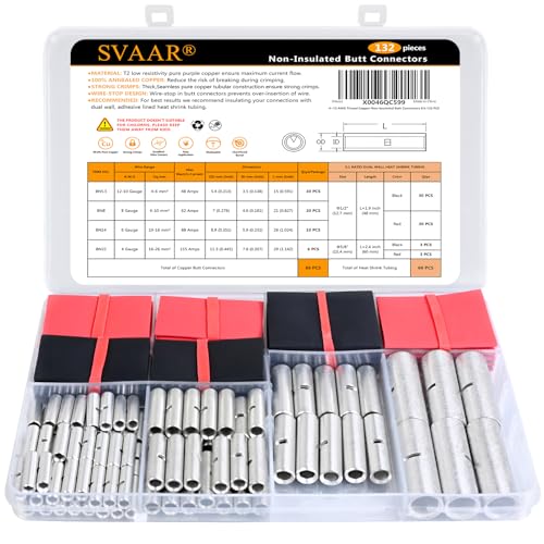 SVAAR 4/6/8/10-12 AWG Non‑Insulated Butt Connectors Kit, 132PCS 4‑12 Gauge Tinned Copper Seamless Barrel Crimp Wire Splices: 66PCS Uninsulated Butt Splice Terminals + 66PCS 3:1 Heat Shrink Tubing - color: Non-Insulated Splice - Tinned Copper