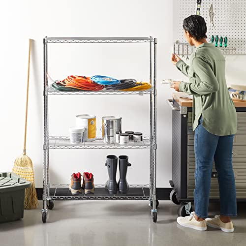 Amazon Basics 4-Shelf Adjustable Heavy Duty Storage Shelving Unit with Wheels, No-Tool Easy Assembly, Garage Shelving, Metal Wire Rack with Casters and Leveling Feet, 36" x 14" x 57.8", Chrome - color: Chrome, size: 36" L x 14" W x 57.75" H, style: 4 -She