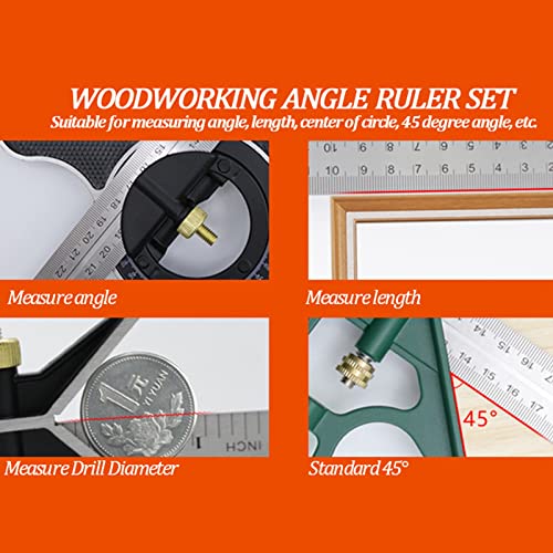 Combination Set,Stainless Steel Universal Bevel 180 Degree Angle Combination Protractor Ruler Set for Measuring Inner and Outer Angles of The Parts