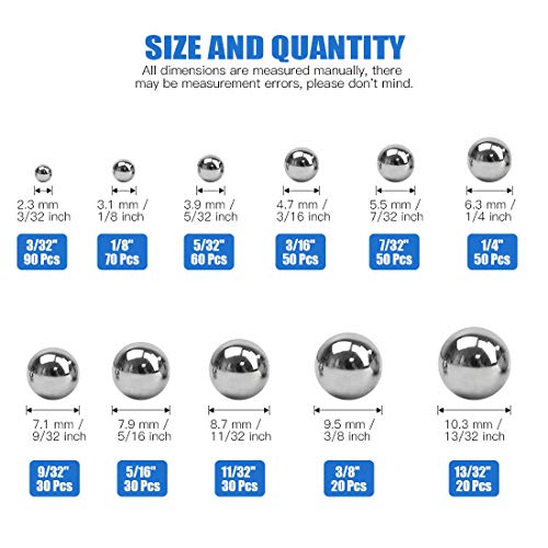 Glarks 500Pcs 11 Size 3/32''-13/32'' SAE Precision Chrome Steel Assorted Loose Bicycle Bearing Ball Assortment Kit (SAE)