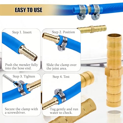 30PCS Brass Hose Barb Fittings, Barb Fitting Metals Splicer Mender, Barbs Splicer Mender Hose Fittings with 60Pcs Stainless Steel Pipe Hose Clamps for Air/Fuel/Water/Oil Hose