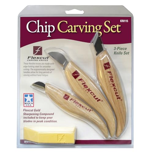 FLEXCUT Wood Carving Knives | Chip Carving Set | 1095 High Carbon Steel Blades | Ergonomic Ashwood Handle | Set of 3 Woodcarving Tools | KN115 | Made in the U.S.A. - style: Chip Carving Set