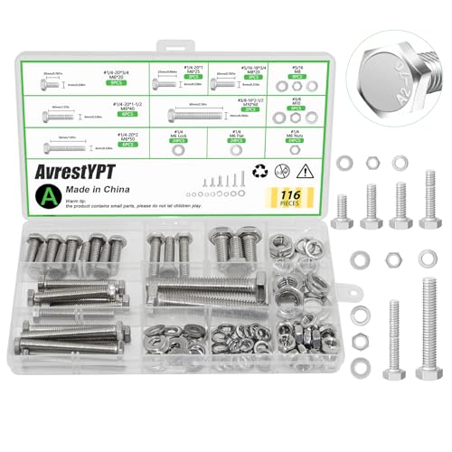 116Pcs M6 M8 M10 Screw Set Metric Bolt Assortment 304 Stainless Steel Nuts and Bolts Set Flat & Spring Washers Hex Head Cap Screws Bolts and Nuts Kit Includes 6 Common Sizes Fully Thread - size: M6 M8 M10-116Pcs