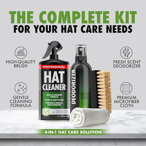 4-in-1 Professional Hat Cleaning Kit - Removes Dirt and Stains, Gentle Hat Cleaner for Baseball Caps, Fitted Cowboy, & Felt Hats, Complete Hat Cleaner with Hat Deodorizer, Brush & Microfiber Cloth