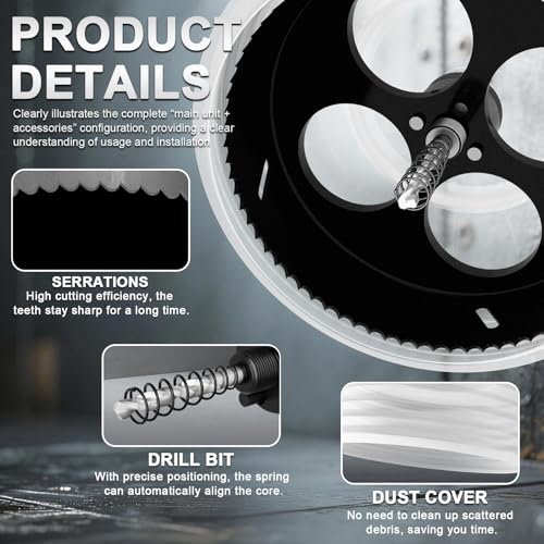 Bi-Metal Hole Saw 4-1/4 Inch with 4-Hole Hollow Center Design & Dust Bowl Catcher – 108mm Hole Cutter for Recessed LED Lights, Cuts Wood, Metal & Drywall, Ideal for Lighting Installation - size: 4-1/4" & BLK