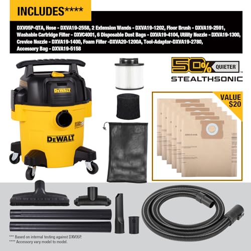 DEWALT Stealthsonic Shop Vac 5 Gallon 4 Peak HP Shop Vacuum Wet and Dry | Ultra-Quiet Vacuum Cleaner with Complete Accessory Kit and 6 Dust Bages, Ideal for Home, Jobsite, Workshop&Garage, DXV05P-QTA