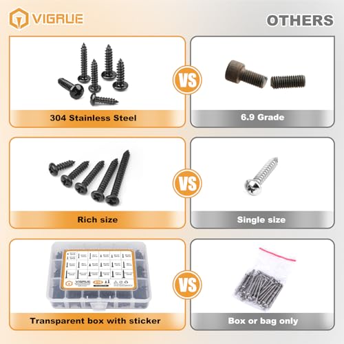 VIGRUE 410Pcs Stainless Steel Black Wood Screws Set #4#6#8#10 Phillips Pan Head Sheet Metal Screws Self Tapping Wood Screws Assortment Kit, Length 1/4" to 1-1/2" - style: 410PCS #4#6#8#10 Stainless Steel Black Pan Head