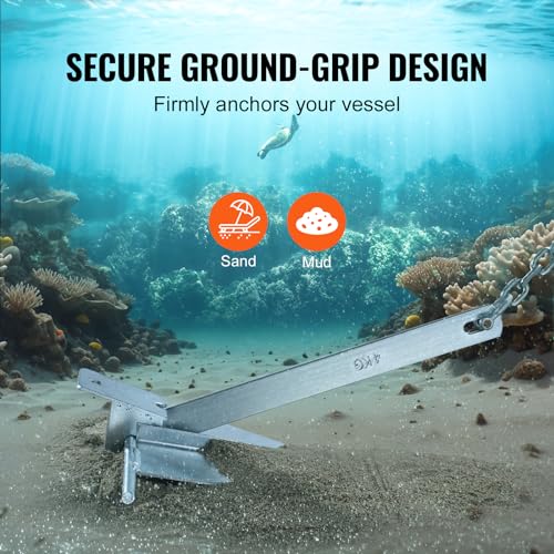 VEVOR Fluke Style Anchor Kit,Hot-Dipped Galvanized Steel Fluke Anchor with 7.9' Chain - size: 8.5 lbs