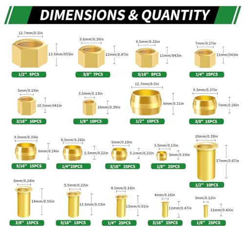 280pcs Brass Compression Sleeves Ferrules Inserts Nuts Fittings Kit | 6 Sizes 1/2" 3/8" 5/16" 1/4" 3/16" 1/8" Hose Repair Kit of Air Water Fuel Oil Gas Tube Lines - color: 280PCS Brass Compression Sleeves Ferrules Inserts Nuts