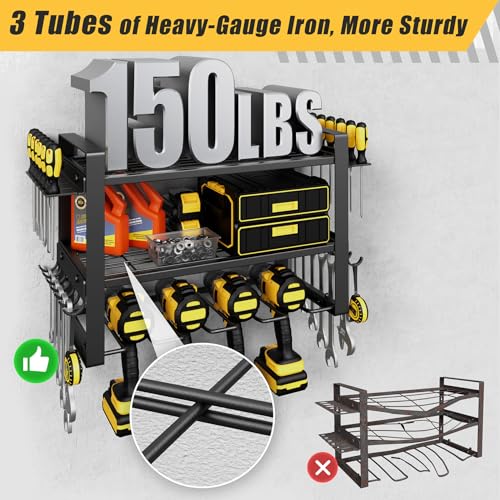 Power Tool Organizer Wall Mount, 150LBS Capacity, 3 Tier, 4 Drill Holders - size: 16.5" Width 3-Tier