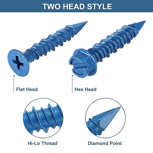 SATANTECH Concrete Screws with Drill Bit, 200Pcs Concrete Screw 1/4 3/16 Assortment Kit, Flat & Hex Head Masonry Block Brick Cement Screws and Anchors, No Pre Drilling, Diamond Point