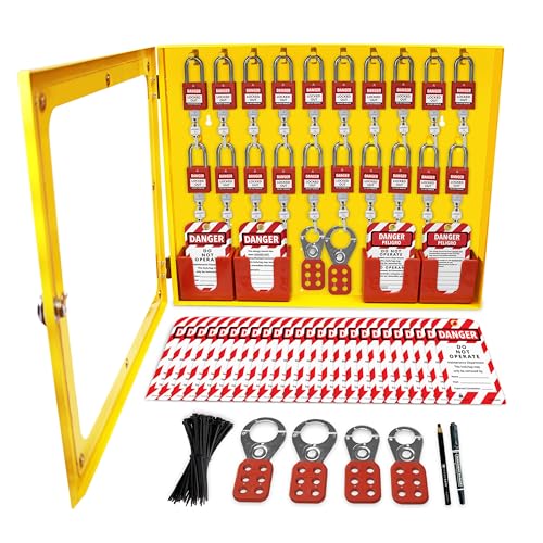 TRADESAFE Lockout Tagout Station with 20 Loto Locks Keyed Alike Unlimited, 6 Lockout Hasps, 60 Lock Out Tags, Lock Out Tag Out Kit Station, Lock Out Kit Cabinet 22-1/2 x 18 x 3 inches - style: Stocked | Keyed Alike Unlimited