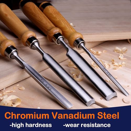 4-Pieces Woodworking Wood Chisel Set,CR-V Steel Sharp Curved Edge Gouge Firm Wood Handle Carpentry Gouge Tools 6mm(1/4")/12mm(1/2")/18mm(3/4")/25mm(1") - size: 4Pcs-4Sizes