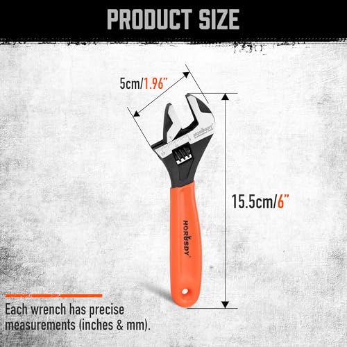 HORUSDY 6" Adjustable Wrench Pipe Spanner: Wide Jaw Black Oxide Wrench With Cushion Grip, Laser Marked Metric & SAE Scales, CR-V Steel, for Professionals - style: 1PC 6" Wide Jaw Wrench