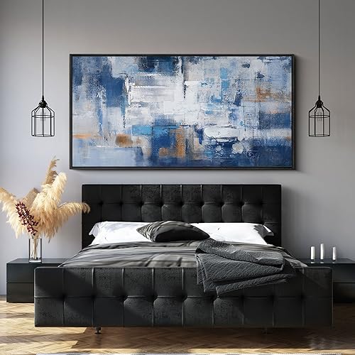 KLAKLA Living Room Wall Art - Navy Blue Abstract Large Paintings Artwork Picture Framed Canvas Bedroom Office Home Decoration Huge Art Work for Wall Decor - 58x29 Inches - color: Blue-White-Gray + Black frame, size: 58"L x 29"W