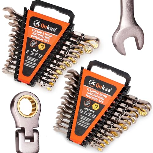 Qnkaa Flexible Ratcheting Wrench Set 24pcs Metric 8-19mm & SAE 1/4” to 7/8“ - style: Metric+SAE 24pcs