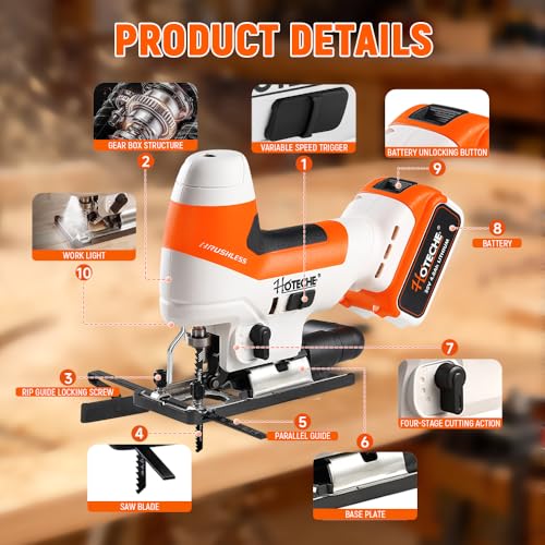 Hoteche Cordless Brushless Jigsaw - 4.0Ah Battery, 1000-3000RPM, 25.4mm Stroke, Fast Blade Change, 3 Orbital Settings, with Charger & Accessories