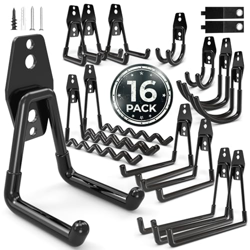 16 Pack Garage Hooks Heavy Duty Wall Mount Storage Hangers Holder Organizer, for Power Tool, Garden Yard Tools, Utility, Ladder, Hose