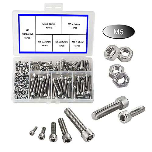 newlng M5 304 Stainless Steel Bolts and Nuts, Hex Flat Head Cap Bolts Screws Nuts Hexagon Socket Head Screw,Heavy Duty Hex Bolts Nuts Assortment, Head Mechanical Parts Combination Box - size: M5