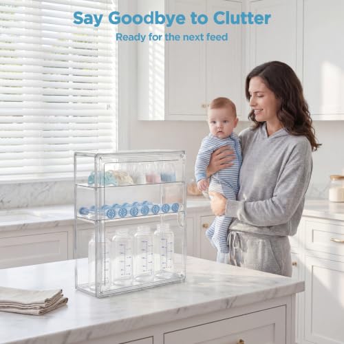 HBlife Baby Bottle Storage Organizer for Countertop Cabinet, 3 Tiers Adjustable Clear Acrylic Bottles Storage Station Case Box Container with 2 Removable Dividers and Magnetic Door, Medium - size: Medium, style: 3-Tier Single Door