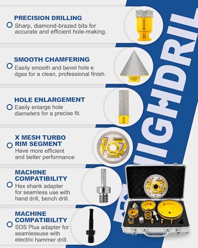 HIGHDRIL 13Pcs Tile Hole Saw Kit for Porcelain Ceramic Marble Stone - size: Kit 2 Thread