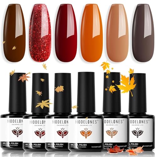 modelones Fall Gel Nail Polish Set 6 Colors, Brown Burnt Orange Burgundy - color: A A A1 Orange Burgundy
